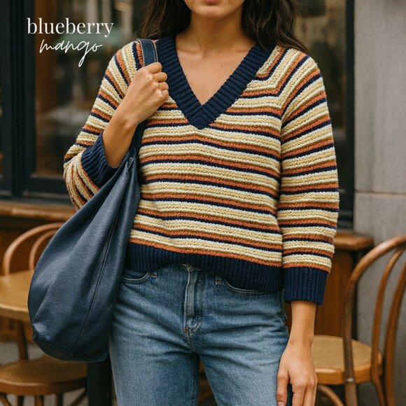 Madewell Arden Cropped Sweater Striped Rib V-Neck | Sweet Dalia | Sold Out - Picture 1 of 7